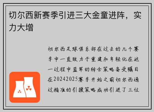 切尔西新赛季引进三大金童进阵，实力大增